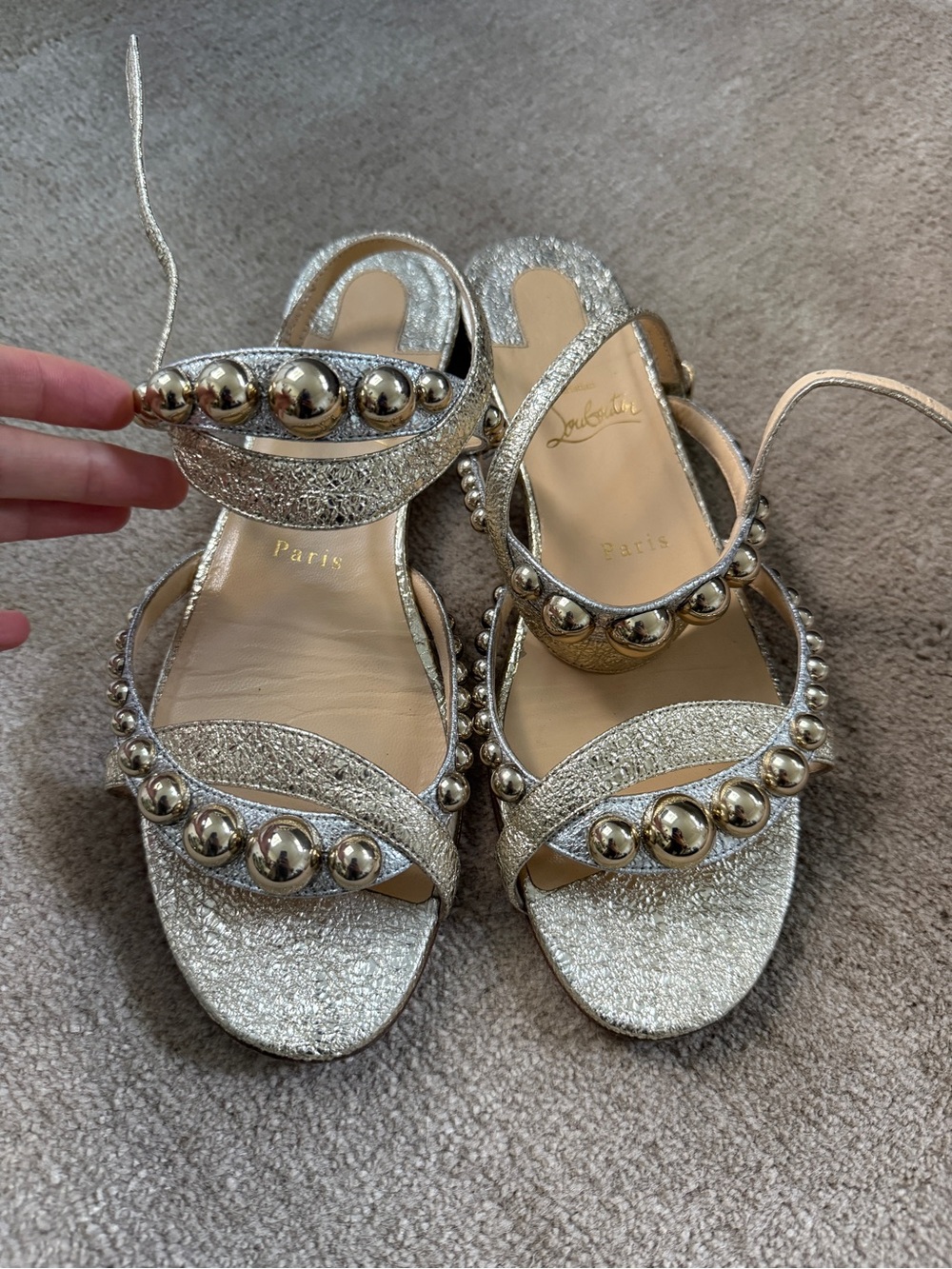 Christian Louboutin Metallic Beaded Ankle-Tie Sandals